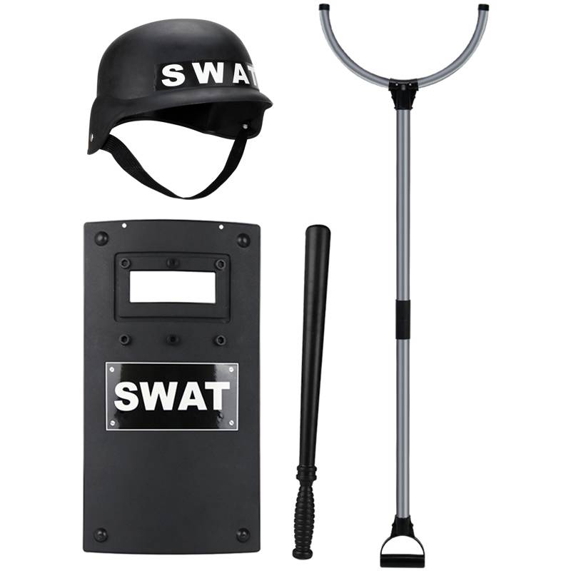 Fork + shield + baton + SWAT hat